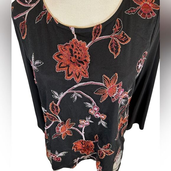 Liz Claiborne Career Black Orange Floral Long Sleeve Crew Neck top Blouse - Picture 2 of 7